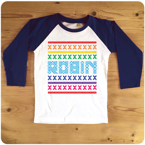 Personalised Retro Christmas Fairisle Rainbow Raglan Baseball T-shirt available in red or blue