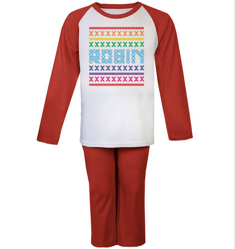Personalised Fairisle Rainbow Red Raglan Kids Pyjama Set