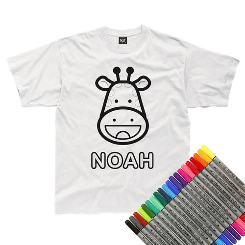 Personalised Colour-In Giraffe T-Shirt (fabric pens optional)