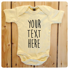 Load image into Gallery viewer, Personalised babygrow / baby onesie available in grey, blue, yellow &amp; white (freehand text)