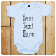Load image into Gallery viewer, Personalised babygrow / baby onesie available in grey, blue, yellow &amp; white (drop shadow text)