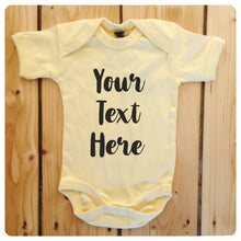 Load image into Gallery viewer, Personalised babygrow / baby onesie available in grey, blue, yellow &amp; white (brush stroke text)