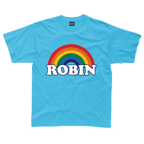 Personalised retro rainbow kids t-shirt available in grey, royal blue, turquoise & yellow