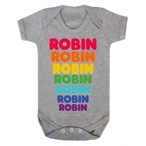 Personalised babygrow / baby onesie retro rainbow design (dunkin donuts style font)