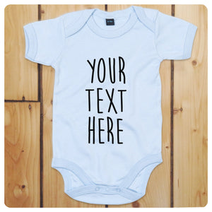 Personalised babygrow / baby onesie available in grey, blue, yellow & white (freehand text)