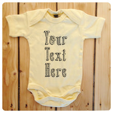 Load image into Gallery viewer, Personalised babygrow / baby onesie available in grey, blue, yellow &amp; white (drop shadow text)