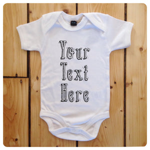 Personalised babygrow / baby onesie available in grey, blue, yellow & white (drop shadow text)