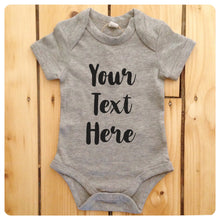 Load image into Gallery viewer, Personalised babygrow / baby onesie available in grey, blue, yellow &amp; white (brush stroke text)