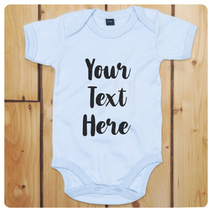 Personalised babygrow / baby onesie available in grey, blue, yellow & white (brush stroke text)