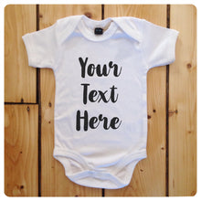 Load image into Gallery viewer, Personalised babygrow / baby onesie available in grey, blue, yellow &amp; white (brush stroke text)