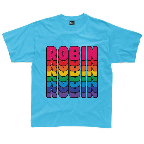 Personalised retro rainbow text kids t-shirt available in grey, turquoise, pink, yellow & royal blue