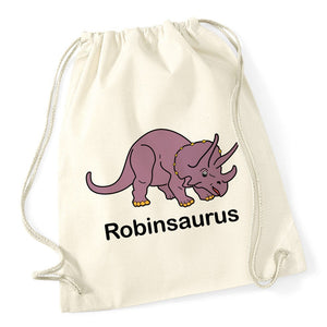 Personalised Triceratops Dinosaur Gymsac / Drawstring Bag available in a range of colours