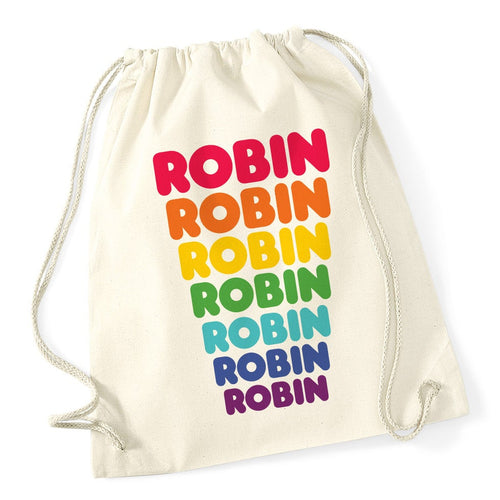 Personalised Gymsac / School Drawstring Bag Retro Rainbow Design (dunkin donuts style font)
