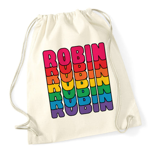Personalised Gymsac / School Drawstring Bag Retro Rainbow Design (sesame street style font)