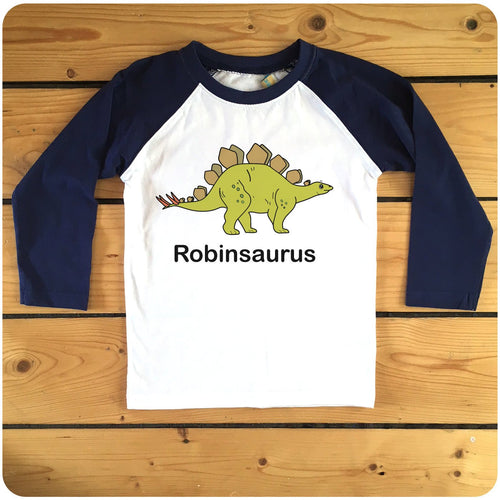 Personalised Stegosaurus Raglan Baseball Kids T-Shirt available in navy or red