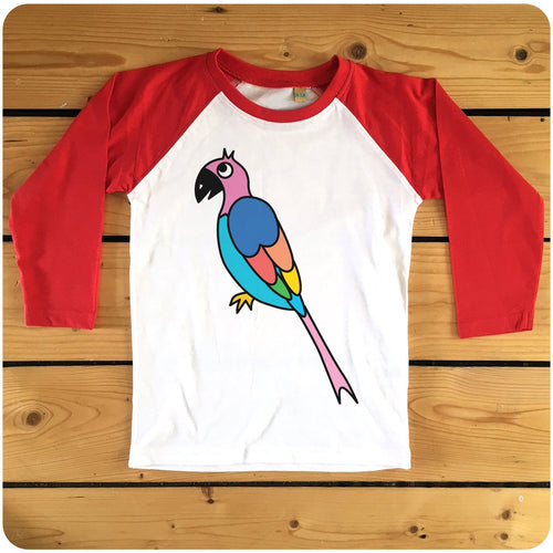 Parrot illustration red or navy raglan long-sleeve baseball