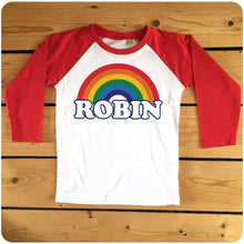 Load image into Gallery viewer, Personalised Retro Rainbow Raglan Baseball T-shirt