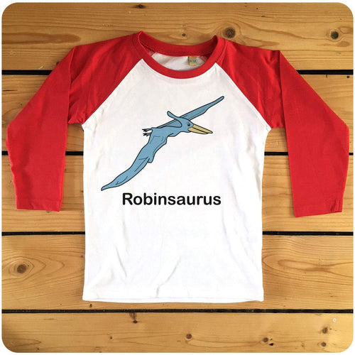Personalised Pterodactyl Raglan Baseball Kids T-Shirt available in navy or red