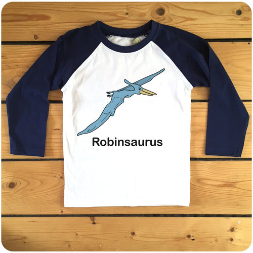 Personalised Pterodactyl Raglan Baseball Kids T-Shirt available in red or navy