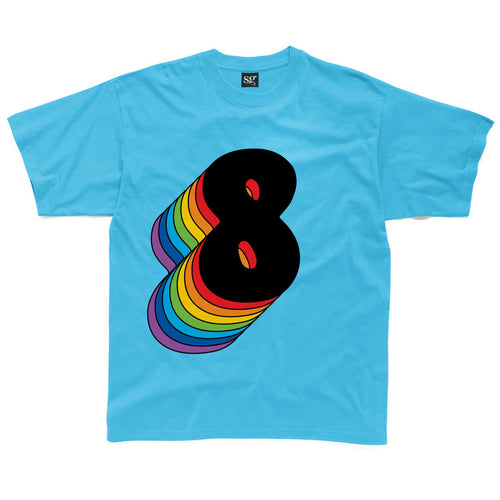 Eighth Birthday Eight T-Shirt With Retro Rainbow Drop Shadow available in a range of colours