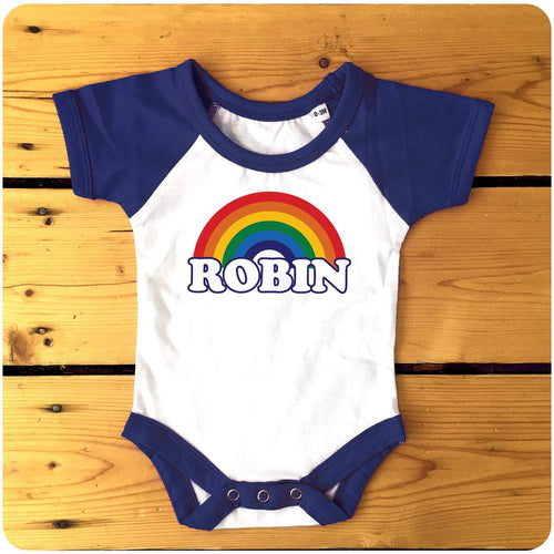 Personalised Retro Rainbow Raglan Baseball Babygrow / Bodysuit available in red or blue