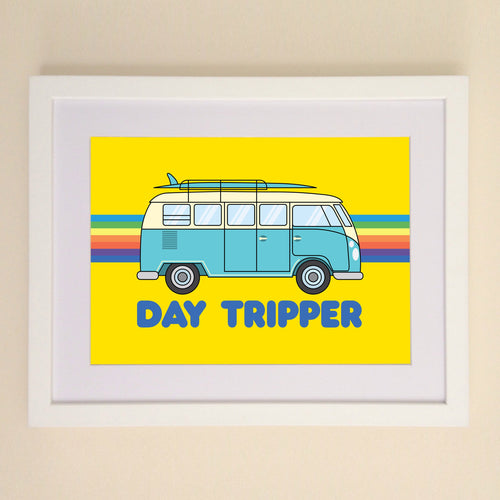 Day Tripper VW Camper Van Retro Rainbow Art Print available in A4, A3 or 50cm x 70cm print