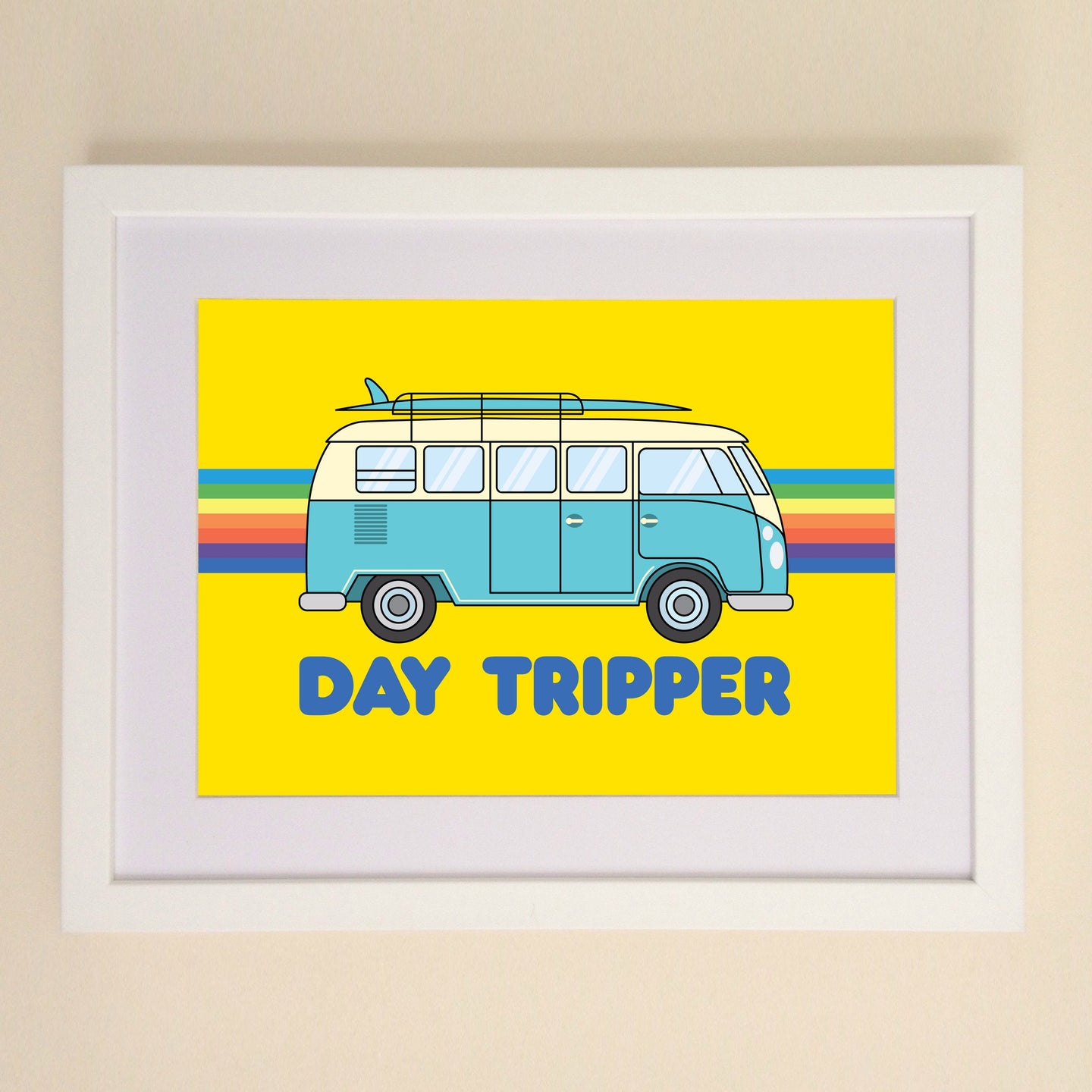 Day Tripper VW Camper Van Retro Rainbow Art Print available in A4, A3 or 50cm x 70cm print