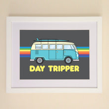 Load image into Gallery viewer, Day Tripper VW Camper Van Retro Rainbow Art Print available in A4, A3 or 50cm x 70cm print