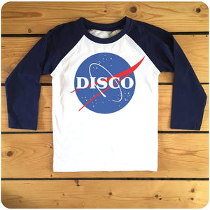 Space Disco red or navy raglan long-sleeve baseball (nasa)