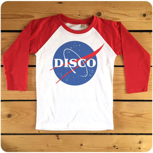 Space Disco red or navy raglan long-sleeve baseball (nasa)