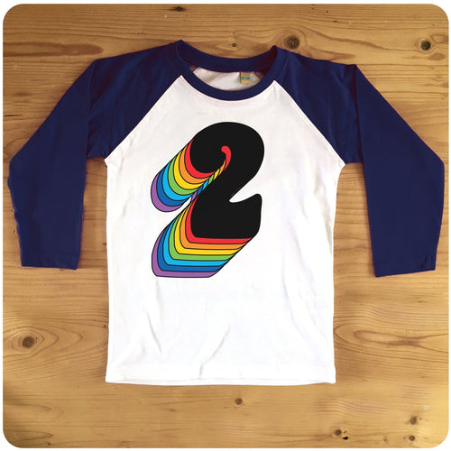 Second Birthday Two Raglan T-Shirt With Retro Rainbow Drop Shadow available in red or blue