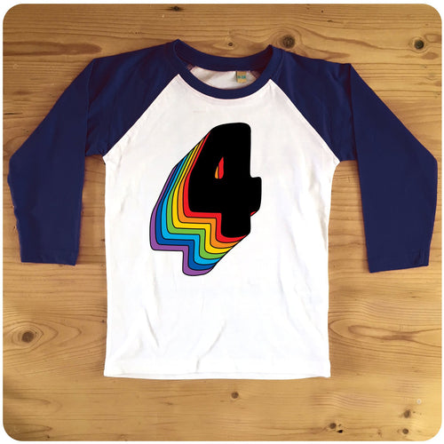Fourth Birthday Four Raglan T-Shirt With Retro Rainbow Drop Shadow available in red or blue