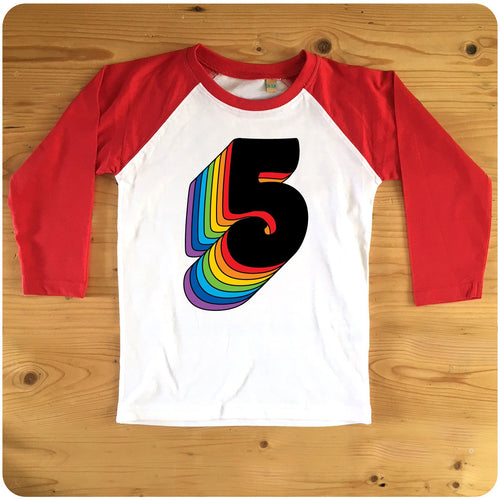 Fifth Birthday Five Raglan T-Shirt With Retro Rainbow Drop Shadow available in red or blue
