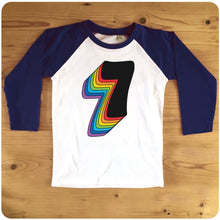 Load image into Gallery viewer, Seventh Birthday Seven Raglan T-Shirt With Retro Rainbow Drop Shadow available in red or blue