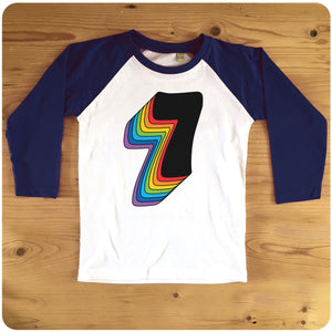 Seventh Birthday Seven Raglan T-Shirt With Retro Rainbow Drop Shadow available in red or blue
