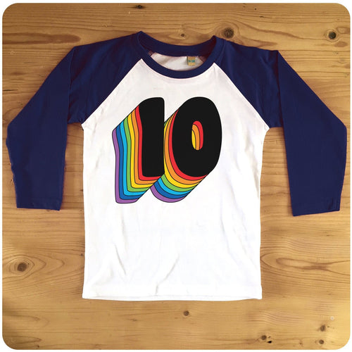 Tenth Birthday Ten Raglan T-Shirt With Retro Rainbow Drop Shadow available in red or blue