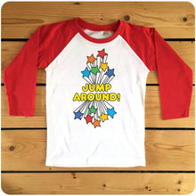 Load image into Gallery viewer, JUMP AROUND! with rainbow stars navy or red raglan long-sleeve baseball