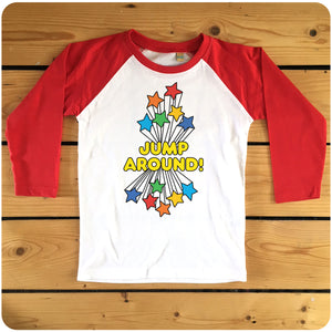 JUMP AROUND! with rainbow stars navy or red raglan long-sleeve baseball