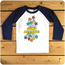 Load image into Gallery viewer, JUMP AROUND! with rainbow stars navy or red raglan long-sleeve baseball