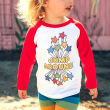 Load image into Gallery viewer, JUMP AROUND! with rainbow stars navy or red raglan long-sleeve baseball