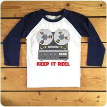 Load image into Gallery viewer, Keep It Reel red or navy raglan long-sleeve baseball