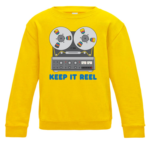 Keep It Reel Kids Sweatshirt available in blue or yellow