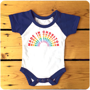 Made in Chorlton Raglan Baseball Babygrow / Bodysuit available in blue or red