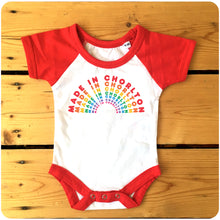 Load image into Gallery viewer, Made in Chorlton Raglan Baseball Babygrow / Bodysuit available in blue or red