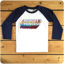 Load image into Gallery viewer, Nobody&#39;s Princess sparkly rainbow glitter feminist red or navy raglan long-sleeve baseball