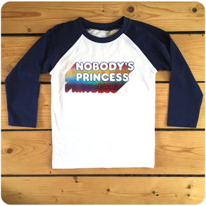 Nobody's Princess sparkly rainbow glitter feminist red or navy raglan long-sleeve baseball