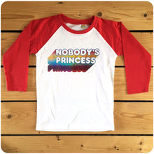 Load image into Gallery viewer, Nobody&#39;s Princess sparkly rainbow glitter feminist red or navy raglan long-sleeve baseball
