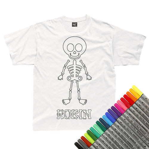 Personalised Skeleton Halloween Colour In T-Shirt (fabric pens optional)