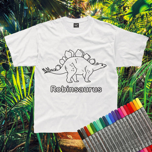Personalised Colour-In Dinosaur T-Shirt - Stegosaurus (fabric pens optional)