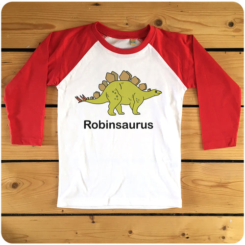 Personalised Stegosaurus Raglan Baseball Kids T-Shirt available in red or navy